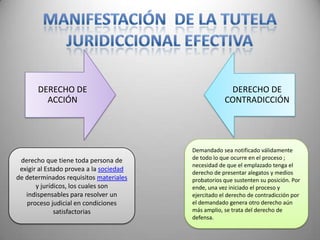 DERECHO DE                                     DERECHO DE
         ACCIÓN                                      CONTRADICCIÓN




                                         Demandado sea notificado válidamente
 derecho que tiene toda persona de       de todo lo que ocurre en el proceso ;
                                         necesidad de que el emplazado tenga el
 exigir al Estado provea a la sociedad   derecho de presentar alegatos y medios
de determinados requisitos materiales    probatorios que sustenten su posición. Por
       y jurídicos, los cuales son       ende, una vez iniciado el proceso y
   indispensables para resolver un       ejercitado el derecho de contradicción por
   proceso judicial en condiciones       el demandado genera otro derecho aún
              satisfactorias             más amplio, se trata del derecho de
                                         defensa.
 