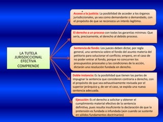 .
                 Acceso a la justicia: La posibilidad de acceder a los órganos
                 jurisdiccionales, ya sea como demandante o demandado, con
                 el propósito de que se reconozca un interés legítimo.


                 El derecho a un proceso con todas las garantías mínimas: Que
                 sería, precisamente, el derecho al debido proceso.


                 Sentencia de fondo: Los jueces deben dictar, por regla
                 general, una sentencia sobre el fondo del asunto materia del
   LA TUTELA
                 petitorio para solucionar el conflicto; empero, en el caso de
JURISDICCIONAL   no poder entrar al fondo, porque no concurren los
    EFECTIVA     presupuestos procesales y las condiciones de la acción,
  COMPRENDE      dictarán una resolución fundada en derecho.

                 Doble instancia: Es la posibilidad que tienen las partes de
                 impugnar la sentencia que consideren contraria a derecho, con
                 el propósito de que sea exhaustivamente revisada por el
                 superior jerárquico y, de ser el caso, se expida una nueva
                 sentencia adecuada.

                   Ejecución: Es el derecho a solicitar y obtener el
                   cumplimiento material efectivo de la sentencia
                   definitiva, pues resulta insuficiente la declaración de que la
                   pretensión es fundada o infundada (aún cuando se sustente
                   en sólidos fundamentos doctrinarios)
 