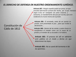EL DERECHO DE DEFENSA EN NUESTRO ORDENAMIENTO JURÍDICO.
                       Artículo 287.- Ningún español podrá ser preso, sin que
                       preceda información sumaria del hecho, por el que merezca
                       según la ley ser castigado con pena corporal, y
                       asimismo, un mandamiento del juez por escrito, que se le
                       notificará en el acto mismo de la prisión.

                        Artículo 290.- El arrestado, antes de ser puesto en
                        prisión, será presentado al juez ...para que reciba la
Constitución de         declaración...

Cádiz de 1812           Artículo 300.- Dentro de las veinte y cuatro horas se
                        manifestará al tratado como reo la causa de su
                        prisión y el nombre de su acusador si lo hubiere.

                         Artículo 302.- El proceso de allí en adelante
                         será público en el modo y forma en que
                         determinen las leyes.

                         Artículo 303.- No se usará del tormento ni de
                         los apremios.
 