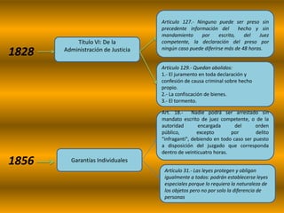Artículo 127.- Ninguno puede ser preso sin
                                    precedente información del        hecho y sin
                                    mandamiento      por     escrito,   del   Juez
           Título VI: De la         competente, la declaración del preso por
                                    ningún caso puede diferirse más de 48 horas.
1828   Administración de Justicia

                                    Artículo 129.- Quedan abolidos:
                                    1.- El juramento en toda declaración y
                                    confesión de causa criminal sobre hecho
                                    propio.
                                    2.- La confiscación de bienes.
                                    3.- El tormento.

                                    Art. 18.- Nadie podrá ser arrestado sin
                                    mandato escrito de juez competente, o de la
                                    autoridad       encargada       del      orden
                                    público,        excepto       por        delito
                                    "infraganti", debiendo en todo caso ser puesto
                                    a disposición del juzgado que corresponda
                                    dentro de veinticuatro horas.
1856     Garantías Individuales
                                     Artículo 31.- Las leyes protegen y obligan
                                     igualmente a todos: podrán establecerse leyes
                                     especiales porque lo requiera la naturaleza de
                                     los objetos pero no por solo la diferencia de
                                     personas
 