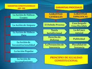 GARANTIAS CONSTITUCIONALES
         ART. 200                     GARANTIAS PROCESALES

    La Acción de Hábeas         GARANTIAS          GARANTIAS
          Corpus                GENERALES          ESPECIFICAS

                                                 Cosa Juzgada
    La Acción de Amparo      El Debido Proceso
                                                 Cosa Decidida
                                  Tutela           La del juez
    La Acción de Hábeas       Jurisdiccional        natural
            Data
                                Derecho de
                                 Defensa           Publicidad
        La Acción de
    Inconstitucionalidad     La Presunción de     Pluralidad de
                                 Inocencia          Instancia
      La Acción Popular


        La Acción de
                                 PRINCIPIO DE IGUALDAD
      Incumplimiento                CONSTITUCIONAL
 