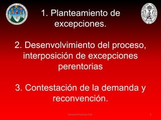 1. Planteamiento de
excepciones.
2. Desenvolvimiento del proceso,
interposición de excepciones
perentorias
3. Contestación de la demanda y
reconvención.
Derecho Procesal Civil. 1
 