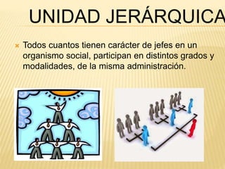 UNIDAD JERÁRQUICA 
 Todos cuantos tienen carácter de jefes en un 
organismo social, participan en distintos grados y 
modalidades, de la misma administración. 
 