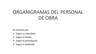 ORGANIGRAMAS DEL PERSONAL
DE OBRA
Se clasifican por:
 Según su naturaleza
 Según el ámbito
 Según la presentación
 Según el contenido
 