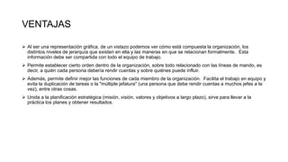  Al ser una representación gráfica, de un vistazo podemos ver cómo está compuesta la organización, los
distintos niveles de jerarquía que existen en ella y las maneras en que se relacionan formalmente. Esta
información debe ser compartida con todo el equipo de trabajo.
 Permite establecer cierto orden dentro de la organización, sobre todo relacionado con las líneas de mando, es
decir, a quién cada persona debería rendir cuentas y sobre quiénes puede influir.
 Además, permite definir mejor las funciones de cada miembro de la organización. Facilita el trabajo en equipo y
evita la duplicación de tareas o la "múltiple jefatura" (una persona que debe rendir cuentas a muchos jefes a la
vez), entre otras cosas.
 Unida a la planificación estratégica (misión, visión, valores y objetivos a largo plazo), sirve para llevar a la
práctica los planes y obtener resultados.
VENTAJAS
 