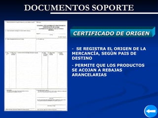 DOCUMENTOS SOPORTE

        CERTIFICADO DE ORIGEN

       - SE REGISTRA EL ORIGEN DE LA
       MERCANCÍA, SEGÚN PAIS DE
       DESTINO
       - PERMITE QUE LOS PRODUCTOS
       SE ACOJAN A REBAJAS
       ARANCELARIAS
 