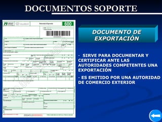 DOCUMENTOS SOPORTE

             DOCUMENTO DE
              EXPORTACIÓN


        - SIRVE PARA DOCUMENTAR Y
        CERTIFICAR ANTE LAS
        AUTORIDADES COMPETENTES UNA
        EXPORTACIÓN
        - ES EMITIDO POR UNA AUTORIDAD
        DE COMERCIO EXTERIOR
 