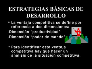ESTRATEGIAS BÁSICAS DE DESARROLLO La ventaja competitiva se define por  referencia a dos dimensiones:- -Dimensión “productividad”  -Dimensión “poder de mando” Para identificar esta ventaja competitiva hay que hacer un análisis de la situación competitiva.  