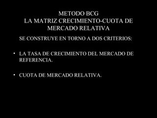 METODO BCG LA MATRIZ CRECIMIENTO-CUOTA DE MERCADO RELATIVA SE CONSTRUYE EN TORNO A DOS CRITERIOS: LA TASA DE CRECIMIENTO DEL MERCADO DE REFERENCIA. CUOTA DE MERCADO RELATIVA. 