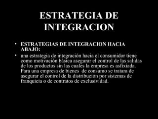 ESTRATEGIA DE INTEGRACION ESTRATEGIAS DE INTEGRACION HACIA ABAJO:  una estrategia de integración hacia el consumidor tiene como motivación básica asegurar el control de las salidas de los productos sin las cuales la empresa es asfixiada. Para una empresa de bienes  de consumo se tratara de asegurar el control de la distribución por sistemas de franquicia o de contratos de exclusividad.  