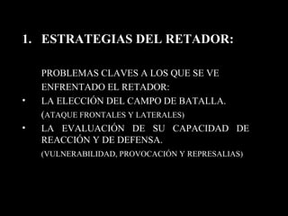 ESTRATEGIAS DEL RETADOR: PROBLEMAS CLAVES A LOS QUE SE VE ENFRENTADO EL RETADOR: LA ELECCIÓN DEL CAMPO DE BATALLA. ( ATAQUE FRONTALES Y LATERALES) LA EVALUACIÓN DE SU CAPACIDAD DE REACCIÓN Y DE DEFENSA. (VULNERABILIDAD, PROVOCACIÓN Y REPRESALIAS) 