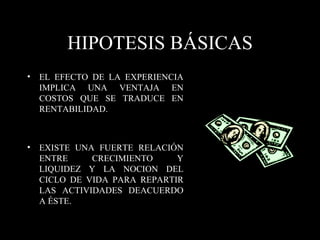 HIPOTESIS BÁSICAS EL EFECTO DE LA EXPERIENCIA IMPLICA UNA VENTAJA EN COSTOS QUE SE TRADUCE EN RENTABILIDAD. EXISTE UNA FUERTE RELACIÓN ENTRE CRECIMIENTO Y LIQUIDEZ Y LA NOCION DEL CICLO DE VIDA PARA REPARTIR LAS ACTIVIDADES DEACUERDO A ÉSTE. 