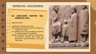 DERECHO SUCESORIO
SU UBICACIÓN DENTRO DEL
DERECHO CIVIL.
Según la historia:
Institutas de Justiniano para Gayo
1804 Código Civil Francés todos los Códigos se
inspiraron en Gayo
"la sucesión era un modo de adquirir el dominio,
un modo de adquirir la propiedad".
Código Civil Santa Cruz, siguiendo la estructura
del Derecho Romano que dividía las
acciones en: Acciones Reales, y; Acciones
Personales.
 