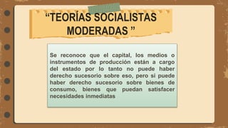 “TEORÍAS SOCIALISTAS
MODERADAS ”
Se reconoce que el capital, los medios o
instrumentos de producción están a cargo
del estado por lo tanto no puede haber
derecho sucesorio sobre eso, pero si puede
haber derecho sucesorio sobre bienes de
consumo, bienes que puedan satisfacer
necesidades inmediatas
 