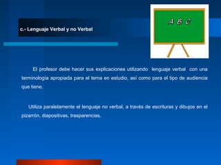 c.- Lenguaje Verbal y no Verbal
El profesor debe hacer sus explicaciones utilizando lenguaje verbal con una
terminología apropiada para el tema en estudio, así como para el tipo de audiencia
que tiene.
Utiliza paralelamente el lenguaje no verbal, a través de escrituras y dibujos en el
pizarrón, diapositivas, trasparencias.
 