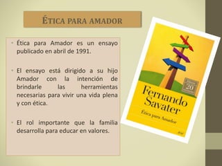 • Ética para Amador es un ensayo
publicado en abril de 1991.
• El ensayo está dirigido a su hijo
Amador con la intención de
brindarle las herramientas
necesarias para vivir una vida plena
y con ética.
• El rol importante que la familia
desarrolla para educar en valores.
ÉTICA PARA AMADOR
 