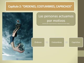 Capítulo 2: “ORDENES,COSTUMBRES,CAPRICHOS”
Las personas actuamos
por motivos
(razones por lo que hacemos o dejamos de hacer algo).
Órdenes Costumbres Caprichos
 