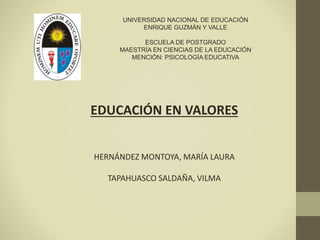 UNIVERSIDAD NACIONAL DE EDUCACIÓN
ENRIQUE GUZMÁN Y VALLE
ESCUELA DE POSTGRADO
MAESTRÍA EN CIENCIAS DE LA EDUCACIÓN
MENCIÓN: PSICOLOGÍA EDUCATIVA
EDUCACIÓN EN VALORES
HERNÁNDEZ MONTOYA, MARÍA LAURA
TAPAHUASCO SALDAÑA, VILMA
 