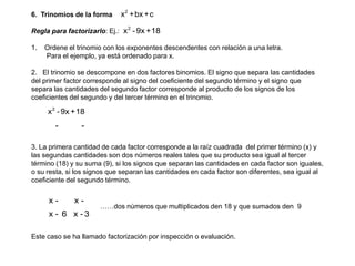 6. Trinomios de la forma

x 2 +bx +c
2

Regla para factorizarlo: Ej.: x - 9x +18
1.

Ordene el trinomio con los exponentes descendentes con relación a una letra.
Para el ejemplo, ya está ordenado para x.

2. El trinomio se descompone en dos factores binomios. El signo que separa las cantidades
del primer factor corresponde al signo del coeficiente del segundo término y el signo que
separa las cantidades del segundo factor corresponde al producto de los signos de los
coeficientes del segundo y del tercer término en el trinomio.

x 2 - 9x +18

-

-

3. La primera cantidad de cada factor corresponde a la raíz cuadrada del primer término (x) y
las segundas cantidades son dos números reales tales que su producto sea igual al tercer
término (18) y su suma (9), si los signos que separan las cantidades en cada factor son iguales,
o su resta, si los signos que separan las cantidades en cada factor son diferentes, sea igual al
coeficiente del segundo término.

x-

x-

……dos números que multiplicados den 18 y que sumados den 9

x - 6 x -3
Este caso se ha llamado factorización por inspección o evaluación.

 
