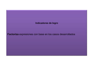 Indicadores de logro

Factoriza expresiones con base en los casos desarrollados

 