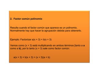 2. Factor común polinomio

Resulta cuando el factor común que aparece es un polinomio.
Normalmente hay que hacer la agrupación debida para obtenerlo.

Ejemplo: Factorizar a(x + 3) + b(x + 3)
Vemos como (x + 3) está multiplicando en ambos términos [tanto a a
como a b], por lo tanto (x + 3) sale como factor común:

a(x + 3) + b(x + 3) = (x + 3)(a + b)

 