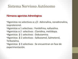 Sistema Nervioso Autónomo
Fármacos agonistas AdrenérgicosFármacos agonistas Adrenérgicos
•Agonistas no selectivos α y β : Adrenalina, noradrenalina,
isoproterenol.
•Agonistas α 1 selectivos : Fenilefrina, nafazolina.
•Agonistas α 2 selectivos : Clonidina, metildopa.
•Agonistas β 1 selectivos : Dobutamina.
•Agonistas β 2 selectivos : Salbutamol, Salmeterol,
Terbutalina.
•Agonistas β 3 selectivos : Se encuentran en fase de
experimentación.
 