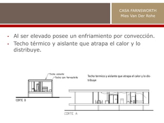 • Al ser elevado posee un enfriamiento por convección.
• Techo térmico y aislante que atrapa el calor y lo
distribuye.
CASA FARNSWORTH
Mies Van Der Rohe
 