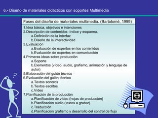 6.- Diseño de materiales didácticos con soportes Multimedia Fases del diseño de materiales multimedia. (Bartolomé, 1999) Idea básica, objetivos e intenciones Descripción de contenidos: índice y esquema. Definición de la interfaz Diseño de la interactividad Evaluación Evaluación de expertos en los contenidos Evaluación de expertos en comunicación Primeras ideas sobre producción Soporte Elementos (vídeo, audio, grafismo, animación y lenguaje de autor) Elaboración del guión técnico Evaluación del guión técnico Textos sonoros Textos escritos Vídeo Planificación de la producción Planificación de vídeo (hojas de producción) Planificación audio (textos a grabar) Traducción Planificación grafismo y desarrollo del control de flujo 