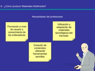 8.- ¿Cómo producir Materiales Multimedia? Necesidades del profesorado Formación a nivel de usuario y conocimiento de los ordenadores Creación de contenidos utilizando herramientas sencillas Utilización y adaptación de materiales tecnológicos del mercado  