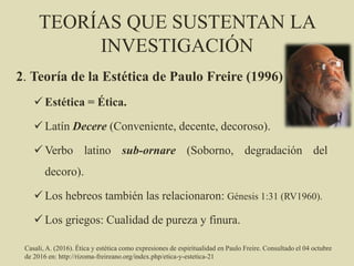 TEORÍAS QUE SUSTENTAN LA
INVESTIGACIÓN
2. Teoría de la Estética de Paulo Freire (1996)
 Estética = Ética.
 Latín Decere (Conveniente, decente, decoroso).
 Verbo latino sub-ornare (Soborno, degradación del
decoro).
 Los hebreos también las relacionaron: Génesis 1:31 (RV1960).
 Los griegos: Cualidad de pureza y finura.
Casali, A. (2016). Ética y estética como expresiones de espiritualidad en Paulo Freire. Consultado el 04 octubre
de 2016 en: http://rizoma-freireano.org/index.php/etica-y-estetica-21
 