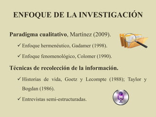 ENFOQUE DE LA INVESTIGACIÓN
Paradigma cualitativo, Martínez (2009).
 Enfoque hermenéutico, Gadamer (1998).
 Enfoque fenomenológico, Colomer (1990).
Técnicas de recolección de la información.
 Historias de vida, Goetz y Lecompte (1988); Taylor y
Bogdan (1986).
 Entrevistas semi-estructuradas.
 