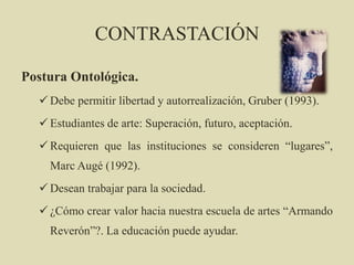 CONTRASTACIÓN
Postura Ontológica.
 Debe permitir libertad y autorrealización, Gruber (1993).
 Estudiantes de arte: Superación, futuro, aceptación.
 Requieren que las instituciones se consideren “lugares”,
Marc Augé (1992).
 Desean trabajar para la sociedad.
 ¿Cómo crear valor hacia nuestra escuela de artes “Armando
Reverón”?. La educación puede ayudar.
 