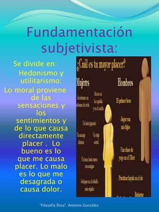 Fundamentación
subjetivista:
Se divide en:
a) Hedonismo y
utilitarismo:
Lo moral proviene
de las
sensaciones y
los
sentimientos y
de lo que causa
directamente
placer . Lo
bueno es lo
que me causa
placer. Lo malo
es lo que me
desagrada o
causa dolor.
"Filosofía Ética". Antonio González
 
