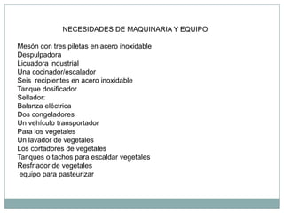 NECESIDADES DE MAQUINARIA Y EQUIPO

Mesón con tres piletas en acero inoxidable
Despulpadora
Licuadora industrial
Una cocinador/escalador
Seis recipientes en acero inoxidable
Tanque dosificador
Sellador:
Balanza eléctrica
Dos congeladores
Un vehículo transportador
Para los vegetales
Un lavador de vegetales
Los cortadores de vegetales
Tanques o tachos para escaldar vegetales
Resfriador de vegetales
 equipo para pasteurizar
 