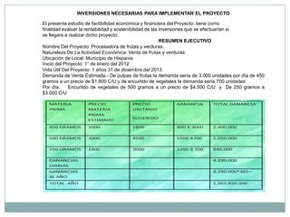 INVERSIONES NECESARIAS PARA IMPLEMENTAR EL PROYECTO

El presente estudio de factibilidad económica y financiera del Proyecto: tiene como
finalidad evaluar la rentabilidad y sostenibilidad de las inversiones que se efectuarían si
se llegara a realizar dicho proyecto.
                                                          RESUMEN EJECUTIVO
Nombre Del Proyecto: Procesadora de frutas y verduras.
Naturaleza De La Actividad Económica: Venta de frutas y verduras.
Ubicación de Local: Municipio de Hispania
Inicio del Proyecto: 1° de enero del 2012
Vida Útil Del Proyecto: 1 años 31 de diciembre del 2013
Demanda de Venta Estimada.- De pulpas de frutas la demanda sería de 3.000 unidades por día de 450
gramos a un precio de $1.800 C/U y de encurtido de vegetales la demanda sería 700 unidades
Por día.     Encurtido de vegetales de 500 gramos a un precio de $4.500 C/U y De 250 gramos a
$3.000 C/U
 