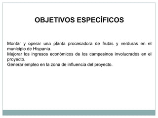 OBJETIVOS ESPECÍFICOS


Montar y operar una planta procesadora de frutas y verduras en el
municipio de Hispania.
Mejorar los ingresos económicos de los campesinos involucrados en el
proyecto.
Generar empleo en la zona de influencia del proyecto.
 