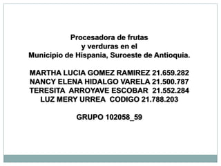 Procesadora de frutas
              y verduras en el
Municipio de Hispania, Suroeste de Antioquia.

MARTHA LUCIA GOMEZ RAMIREZ 21.659.282
NANCY ELENA HIDALGO VARELA 21.500.787
TERESITA ARROYAVE ESCOBAR 21.552.284
  LUZ MERY URREA CODIGO 21.788.203

             GRUPO 102058_59
 