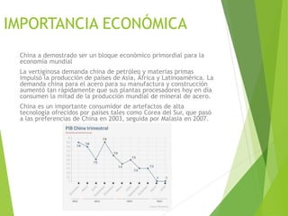 IMPORTANCIA ECONÓMICA
China a demostrado ser un bloque económico primordial para la
economía mundial
La vertiginosa demanda china de petróleo y materias primas
impulsó la producción de países de Asia, África y Latinoamérica. La
demanda china para el acero para su manufactura y construcción
aumentó tan rápidamente que sus plantas procesadores hoy en día
consumen la mitad de la producción mundial de mineral de acero.
China es un importante consumidor de artefactos de alta
tecnología ofrecidos por países tales como Corea del Sur, que pasó
a las preferencias de China en 2003, seguida por Malasia en 2007.
 
