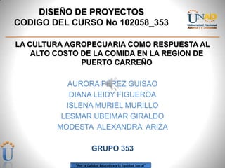 DISEÑO DE PROYECTOS
CODIGO DEL CURSO No 102058_353

LA CULTURA AGROPECUARIA COMO RESPUESTA AL
    ALTO COSTO DE LA COMIDA EN LA REGION DE
               PUERTO CARREÑO

           AURORA PÉREZ GUISAO
            DIANA LEIDY FIGUEROA
           ISLENA MURIEL MURILLO
          LESMAR UBEIMAR GIRALDO
         MODESTA ALEXANDRA ARIZA

                       GRUPO 353

             “Por la Calidad Educativa y la Equidad Social”
 