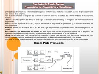 En la sede se ubicará en una sola instalación separada conforme a su moderna adecuación, la parte de producción textil
y las oficinas de la empresa.
Para nuestra empresa se requiere de un local en arriendo con una superficie de 190m2 divididos de la siguiente
manera:
Oficina: Con una superficie de 15m2, en este lugar se atenderá a los clientes y se recogerán las diferentes demandas
de productos.
Taller: Con una superficie de 100m2, aquí se encontrará la maquinaria de producción y se realizará el trabajo de
producción textil.
Almacén: Tendrá una superficie de 20 m2. En este lugar se guardarán los productos antes de ser entregados a los
clientes.
Área creativa y de estrategias de ventas: En este lugar está ubicado el personal creativo de la empresa: los
Ingenieros, el programador, el publicista y el personal de ventas. El área es de 30 m2 de superficie.
Baños: Se requieren tres, cada uno de 5m2 de superficie. El primer baño se ubica junto a la oficina, los otros dos, uno
destinado para el personal femenino y otro destinado para el personal masculino se ubican junto al taller.
Nota: Los 10 m2 de superficie restante son destinados a corredores que comunican cada una de las instalaciones.

                                       Diseño Parte Producción
 