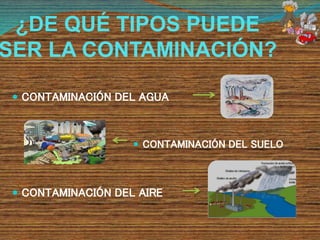 ¿DE QUÉ TIPOS PUEDE
SER LA CONTAMINACIÓN?
 CONTAMINACIÓN DEL AGUA
 CONTAMINACIÓN DEL SUELO
 CONTAMINACIÓN DEL AIRE
 
