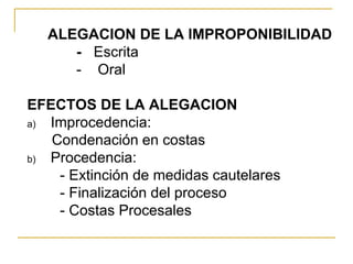 ALEGACION DE LA IMPROPONIBILIDAD
- Escrita
- Oral
EFECTOS DE LA ALEGACION
a) Improcedencia:
Condenación en costas
b) Procedencia:
- Extinción de medidas cautelares
- Finalización del proceso
- Costas Procesales
 
