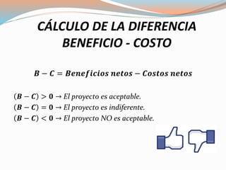 CÁLCULO DE LA DIFERENCIA
BENEFICIO - COSTO
𝑩 − 𝑪 = 𝑩𝒆𝒏𝒆𝒇𝒊𝒄𝒊𝒐𝒔 𝒏𝒆𝒕𝒐𝒔 − 𝑪𝒐𝒔𝒕𝒐𝒔 𝒏𝒆𝒕𝒐𝒔
𝑩 − 𝑪 > 𝟎 → El proyecto es aceptable.
𝑩 − 𝑪 = 𝟎 → El proyecto es indiferente.
𝑩 − 𝑪 < 𝟎 → El proyecto NO es aceptable.
 