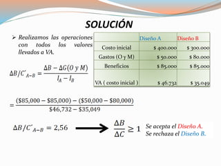 SOLUCIÓN
Diseño A Diseño B
Costo inicial $ 400.000 $ 300.000
Gastos (O y M) $ 50.000 $ 80.000
Beneficios $ 85.000 $ 85.000
VA ( costo inicial ) $ 46.732 $ 35.049
 Realizamos las operaciones
con todos los valores
llevados a VA.
Se acepta el Diseño A.
Se rechaza el Diseño B.
 