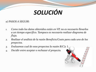 SOLUCIÓN
a) PASOS A SEGUIR:
1. Como todo los datos obtenidos están en VP, no es necesario llevarlos
a un tiempo especifico. Tampoco es necesario realizar diagrama de
flujo.
2. Realizar el análisis de la razón Beneficio/Costo para cada uno de los
proyectos.
3. Evaluamos cual de esos proyectos la razón B/C≥ 1.
4. Decidir entre aceptar o rechazar el proyecto.
 