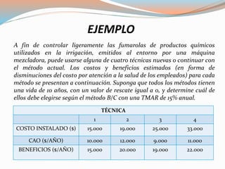 EJEMPLO
A fin de controlar ligeramente las fumarolas de productos químicos
utilizados en la irrigación, emitidos al entorno por una máquina
mezcladora, puede usarse alguna de cuatro técnicas nuevas o continuar con
el método actual. Los costos y beneficios estimados (en forma de
disminuciones del costo por atención a la salud de los empleados) para cada
método se presentan a continuación. Suponga que todos los métodos tienen
una vida de 10 años, con un valor de rescate igual a 0, y determine cuál de
ellos debe elegirse según el método B/C con una TMAR de 15% anual.
TÉCNICA
1 2 3 4
COSTO INSTALADO ($) 15.000 19.000 25.000 33.000
CAO ($/AÑO) 10.000 12.000 9.000 11.000
BENEFICIOS ($/AÑO) 15.000 20.000 19.000 22.000
 