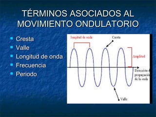 TÉRMINOS ASOCIADOS ALTÉRMINOS ASOCIADOS AL
MOVIMIENTO ONDULATORIOMOVIMIENTO ONDULATORIO
 CrestaCresta
 ValleValle
 Longitud de ondaLongitud de onda
 FrecuenciaFrecuencia
 PeriodoPeriodo
 