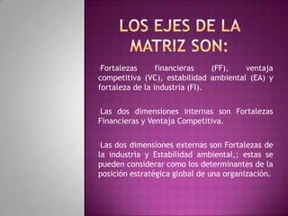 Los ejes de la matriz son:Fortalezas financieras (FF), ventaja competitiva (VC), estabilidad ambiental (EA) y fortaleza de la industria (FI).