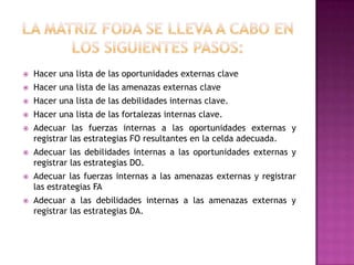 La matriz foda se lleva a cabo en los siguientes pasos:Hacer una lista de las oportunidades externas claveHacer una lista de las amenazas externas claveHacer una lista de las debilidades internas clave.Hacer una lista de las fortalezas internas clave.Adecuar las fuerzas internas a las oportunidades externas y registrar las estrategias FO resultantes en la celda adecuada.Adecuar las debilidades internas a las oportunidades externas y registrar las estrategias DO.Adecuar las fuerzas internas a las amenazas externas y registrar las estrategias FAAdecuar a las debilidades internas a las amenazas externas y registrar las estrategias DA. 
