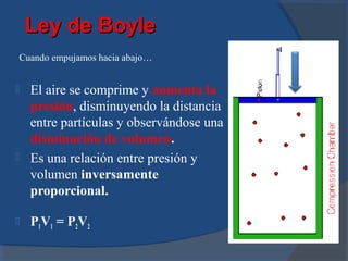 Ley de Boyle
Cuando empujamos hacia abajo…


   El aire se comprime y aumenta la
    presión, disminuyendo la distancia
    entre partículas y observándose una
    disminución de volumen.
   Es una relación entre presión y
    volumen inversamente
    proporcional.

   P1V1 = P2V2
 